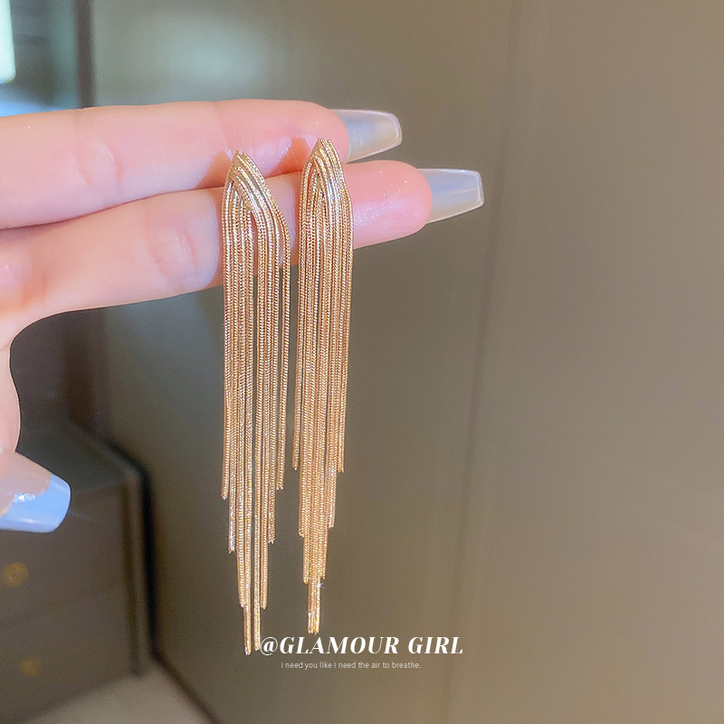 Pendientes largos de borla de cadena de aguja de plata Pendientes de alto grado de lujo ligero europeo y americano Pendientes de diseño de moda exagerada de nicho