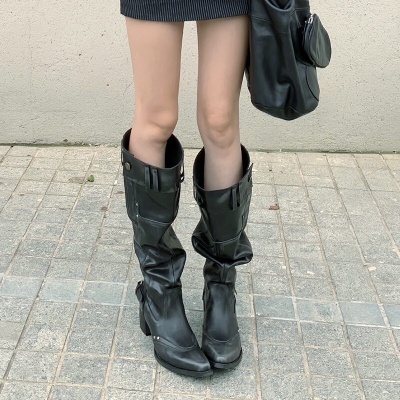 Women's 2025 Spring/Summer New Trendy Over-The-Knee Long Boots with Pointed Toe and Chunky Heel in Black