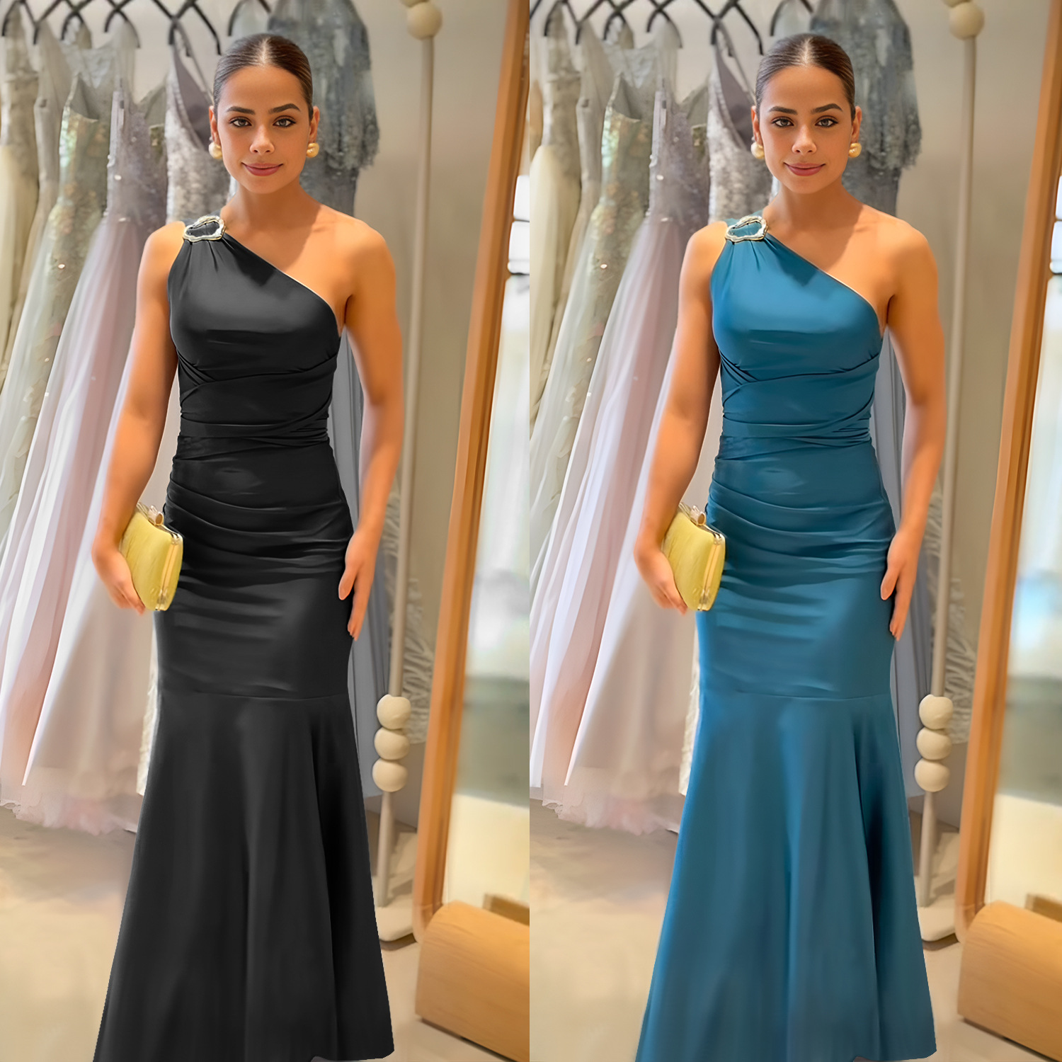C7553 Aliexpress transfronterizo Amazon Europa y América de moda moda femenina temperamento elegante ajustado color sólido vestido de cola de pescado