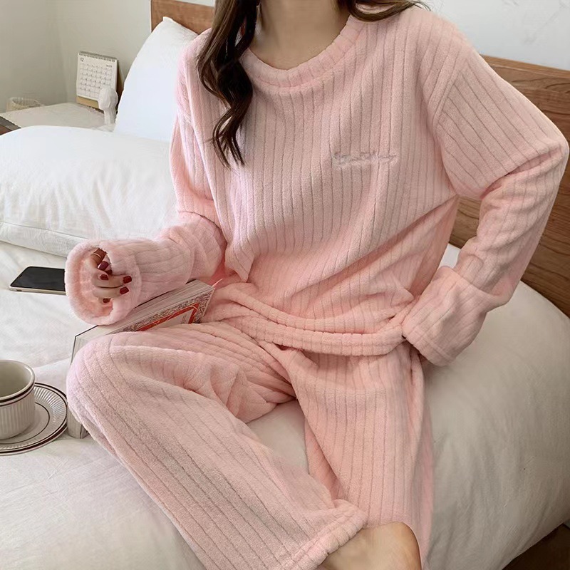 630g Weight Long Sleeve Sleeve Length Pajamas Lingerie Type Pullovers Placket Type Polyester Fabric Type Long Top Length Pants Sets Sets Type 2 Pieces Set Quantity Home Occasion Round Neck Neckline Warm Function Loose Fit Type Stripe, Solid Color Pattern Winter, Autumn Season Women's Gender Casual, Simple Style Style Autumn And Winter New Crescent City Warm Suit Casual Homewear Internet Celebrity Coral Fleece Thick Thermal Pajamas 16