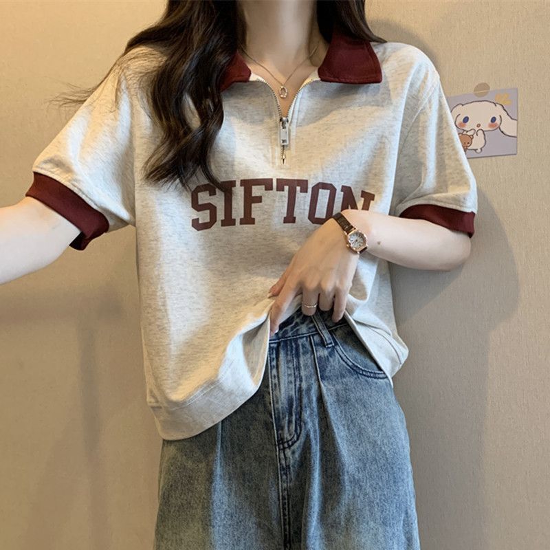100kg Plus Size Summer Belly-Covering Polo Collar Right Shoulder Short-Sleeved T-Shirt for Fat mm Loose Slimming Look Zipper Top Trendy