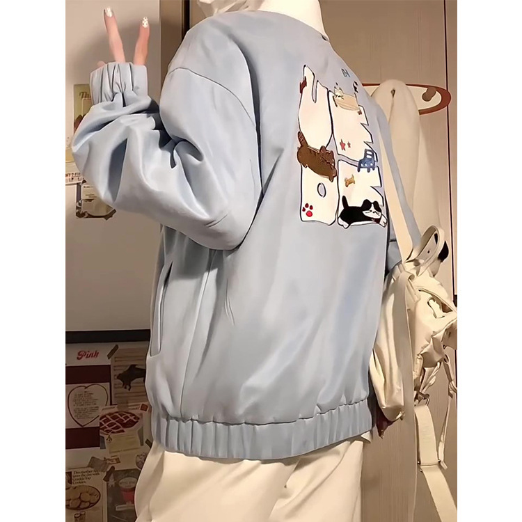 日系卡通小猫毛巾绣翻领卫衣女2025早秋新款慵懒风宽松bf开衫外套|undefined