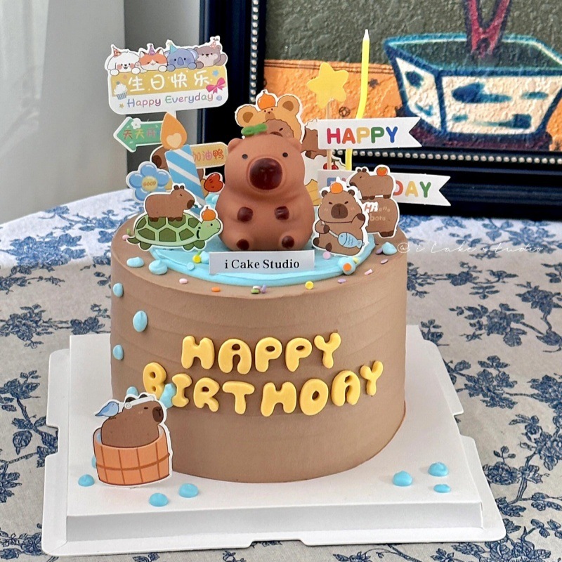 Decoración de pastel de cumpleaños para niños lindo conejillo de indias Kapibala decoración de marca para hornear postre vestido de mesa