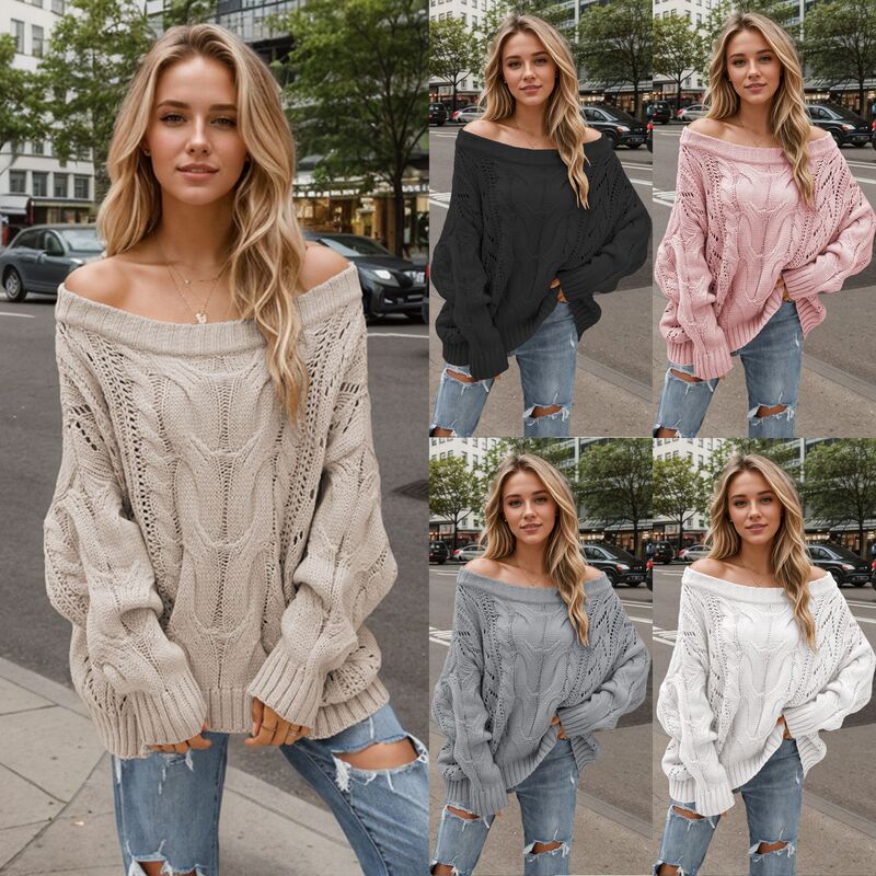 2025 Autumn and Winter Cross-Border European and American Off-Shoulder Large Size Loose Knitwear Amazon One-Line Collar Pure Color Pullover Knitwear for Women