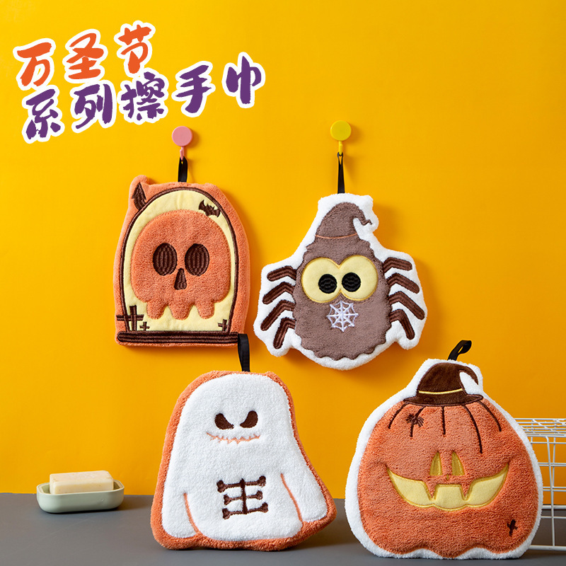 Halloween Hanging Hand Towel, Thickened, Absorbent, Quick-Drying, Children's Small Towel, Pumpkin, Skull, Spider Handkerchief for Wiping Hands and Face
