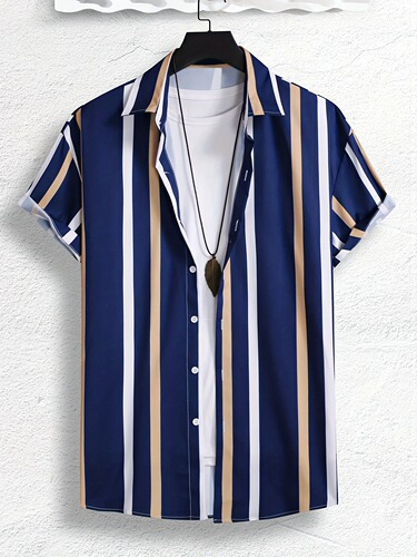 Short Sleeve men's Stripe Graphic Print Shirt Casual Lapel