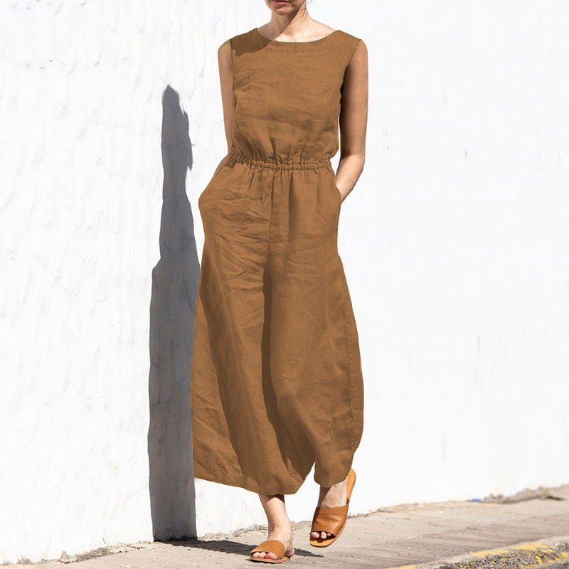 Cotton And Linen Jumpsuit Women Solid Color Sleeveless Pocket High Waist Wide Legs Jumpsuits Casual Commuting Ladies Bodysuits_voghion.com