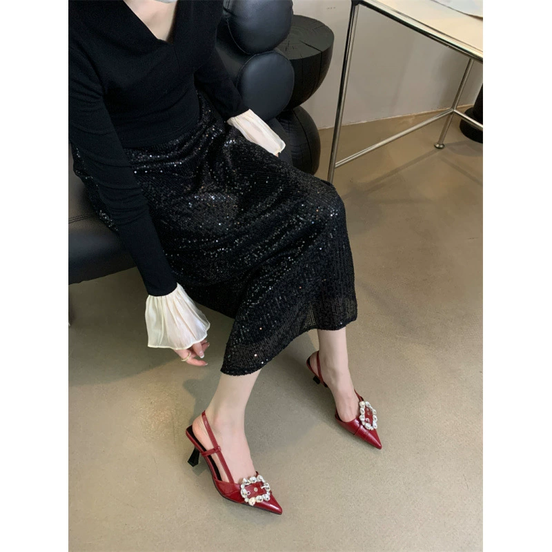 Весенняя версия 2025 корейской версии страз на высоком каблуке женские туфли на острых каблуках сандалии на каблуках 35-39 ярдов