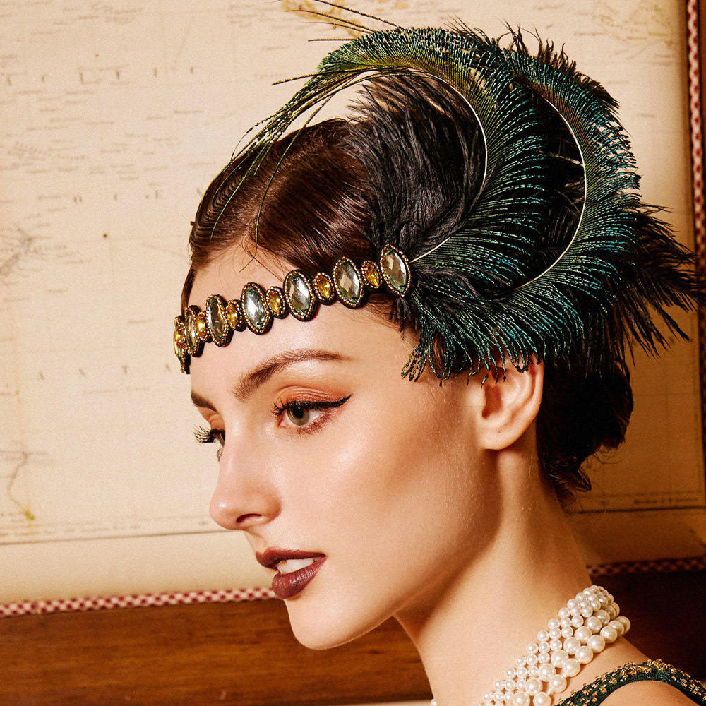 1920s Gatsby Feather Headdress Vintage Fashion Dinner Party Rhinestone Forehead Ornament Theme Party Performance Accessory