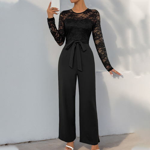 Amazon 2025 New European and American-Style Lace-Mesh Patchwork Zip-Up & Tie-Front Solid-Color Loose Jumpsuit