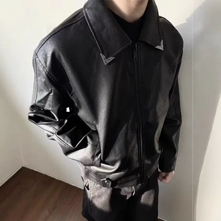 黑色皮衣外套男春秋季痞帅美式复古潮牌裂纹肌理飞行员机车服夹克