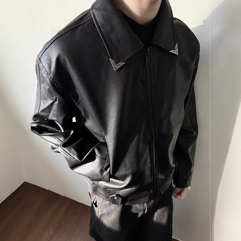 黑色皮衣外套男春秋季痞帅美式复古潮牌裂纹肌理飞行员机车服夹克