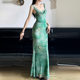 2024 summer new fresh mint green swing collar pleated waist slimming butterfly printed mesh dress dress