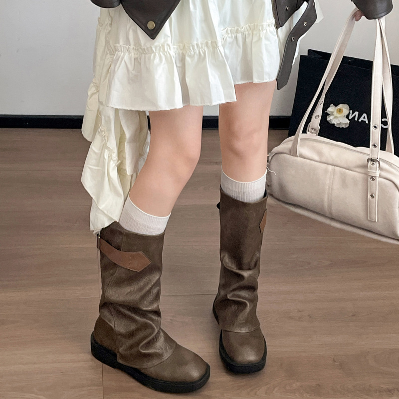 女王范美拉德棕色复古厚底靴子女2025新款秋季配裙子显瘦中筒靴|undefined