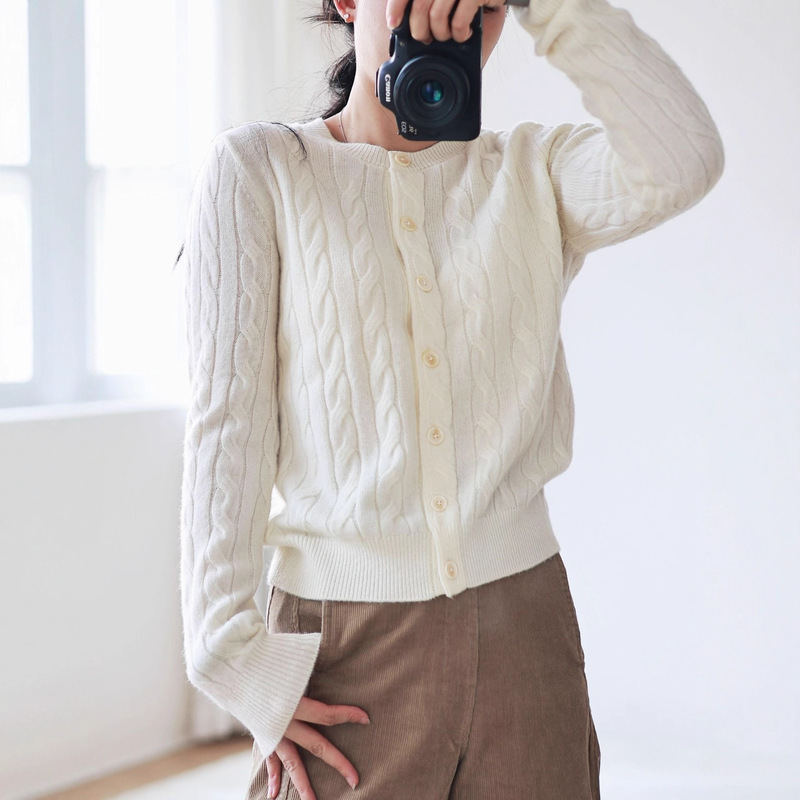 Rl War Horse Style Sweet Miu Style 100% Australian Wool Vintage Cable Knit Cardigan Versatile Round Neck Top