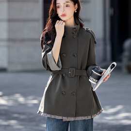 K7X格子拼接风衣外套女短款2025春秋新款今年流行爆款系带双排扣