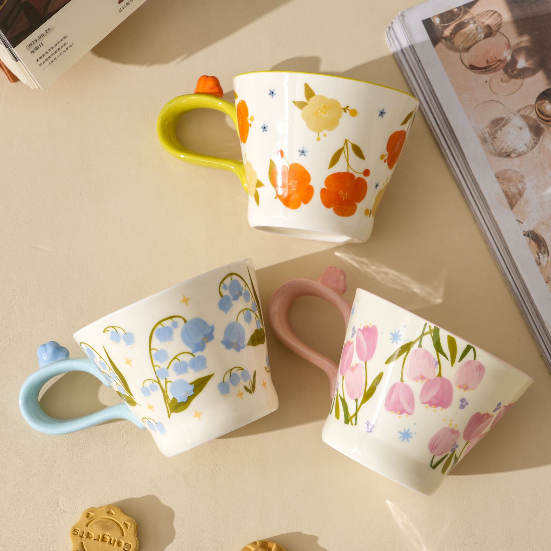 Hand-painted Floral Ceramic Mug, Creative Tulip Coffee Cup_voghion.com