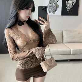 秋冬新款V领透视收腰显瘦打底蕾丝衫纯欲洋气百搭长袖上衣内搭女