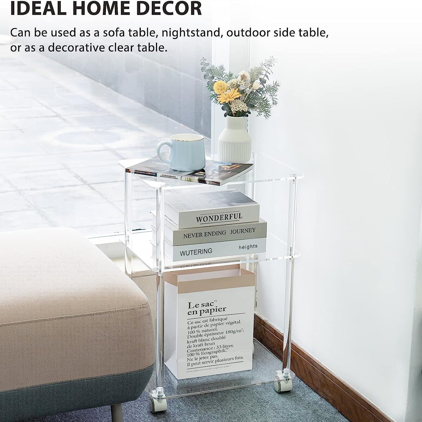 아크릴 롤링 작은 공간 사이드 테이블 잠글 수있는 바퀴 모바일 엔드 테이블 침실 거실 침대 옆 테이블 커피 테이블