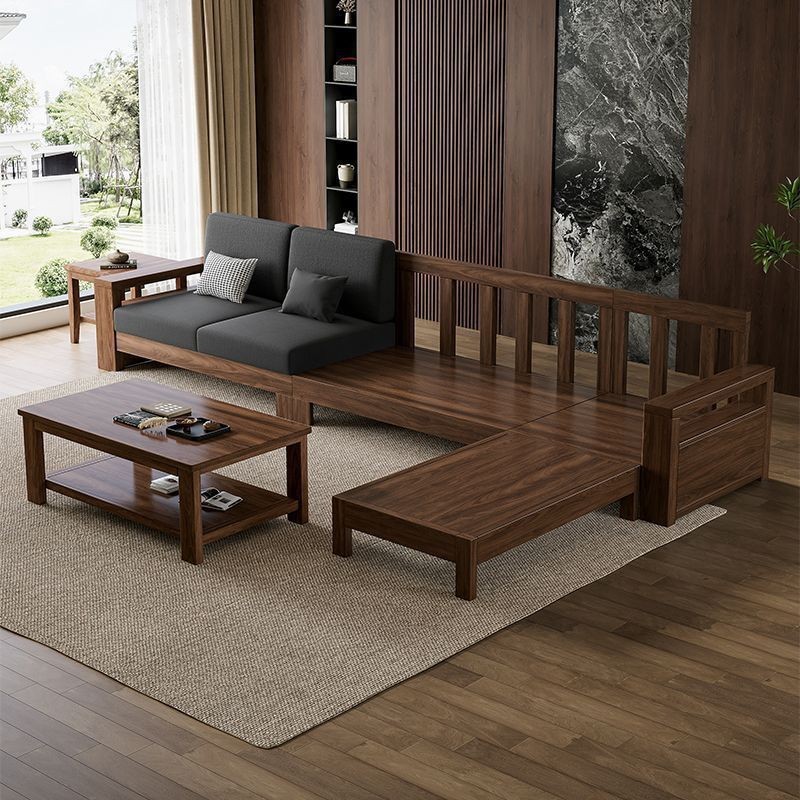 Modern Chinese-Style Solid Wood Sofa Chaise Lounge Living Room Set for Small Villas, Simple Living Room Light Luxury Black Gold Furniture