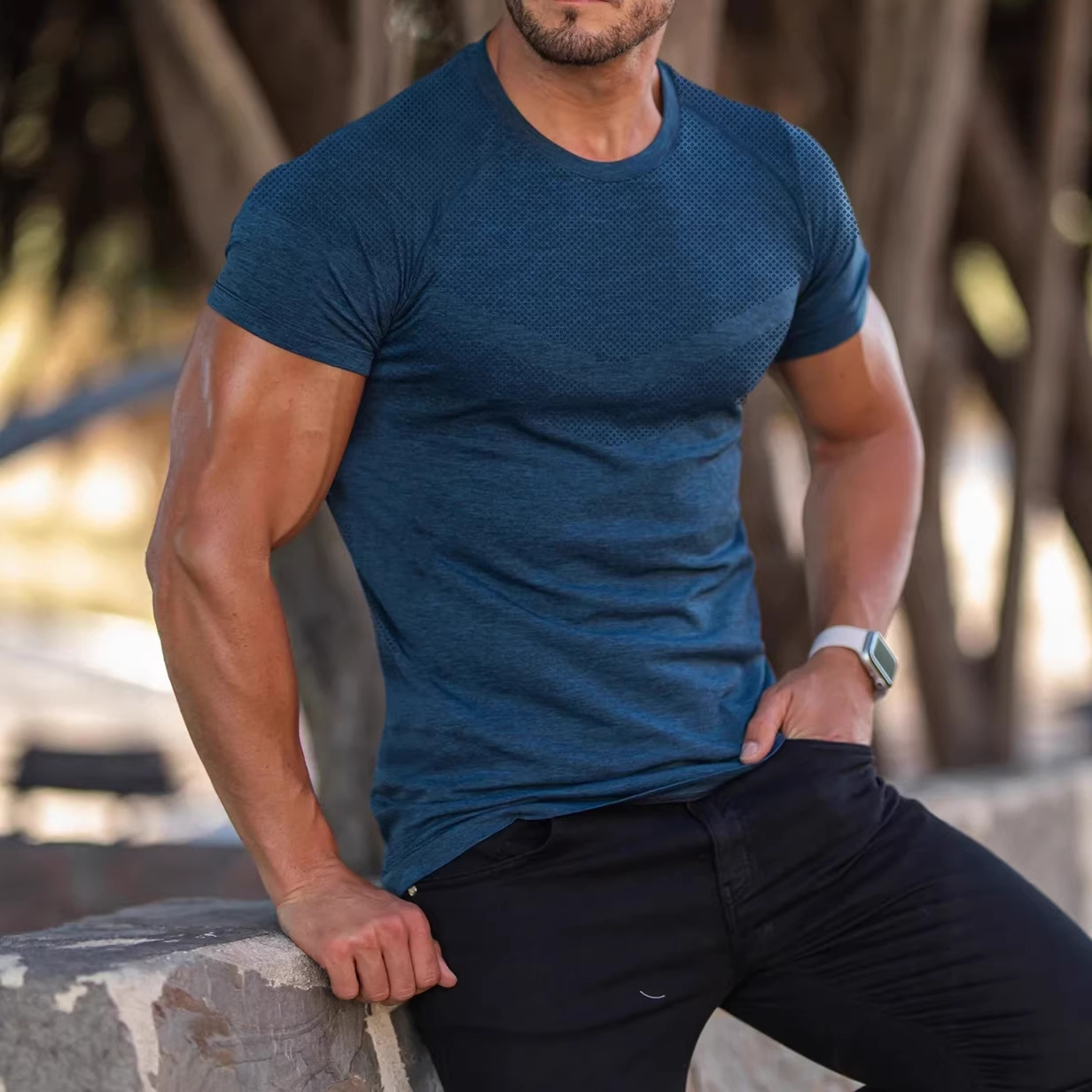 Comercio exterior transfronterizo entre Europa y Estados Unidos Wish hombre de otoño deportivo acondicionamiento casual cuello elástico catiónico cuello redondo camiseta de manga corta