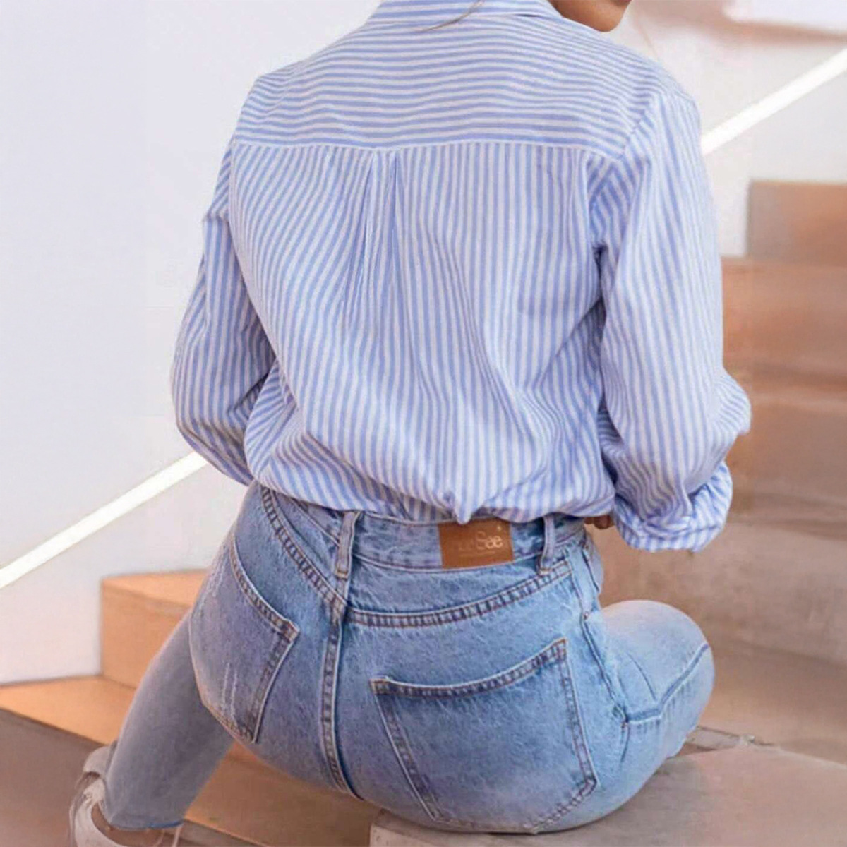 Damenbekleidung Blau gestreiftes Hemd Lässiges, locker sitzendes Oberteil im Frühlings- und Sommerstil Langarmhemd für formelle und legere Anlässe_voghion.com