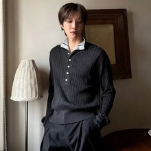 秋季新款撞色双层亨利领长袖针织衫男女韩系设计感修身毛衣打底衫