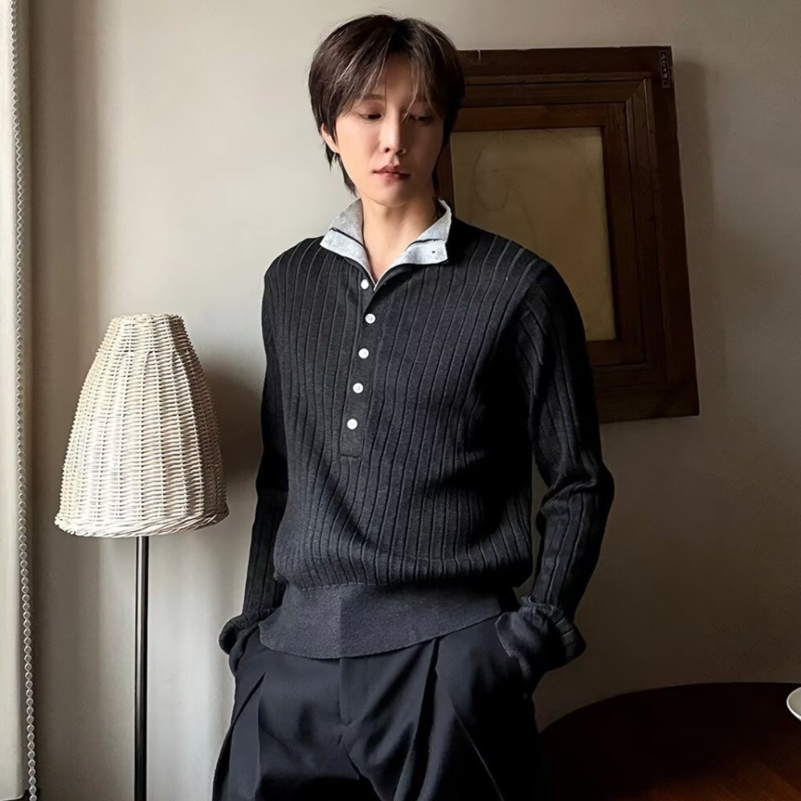 秋季新款撞色双层亨利领长袖针织衫男女韩系设计感修身毛衣打底衫