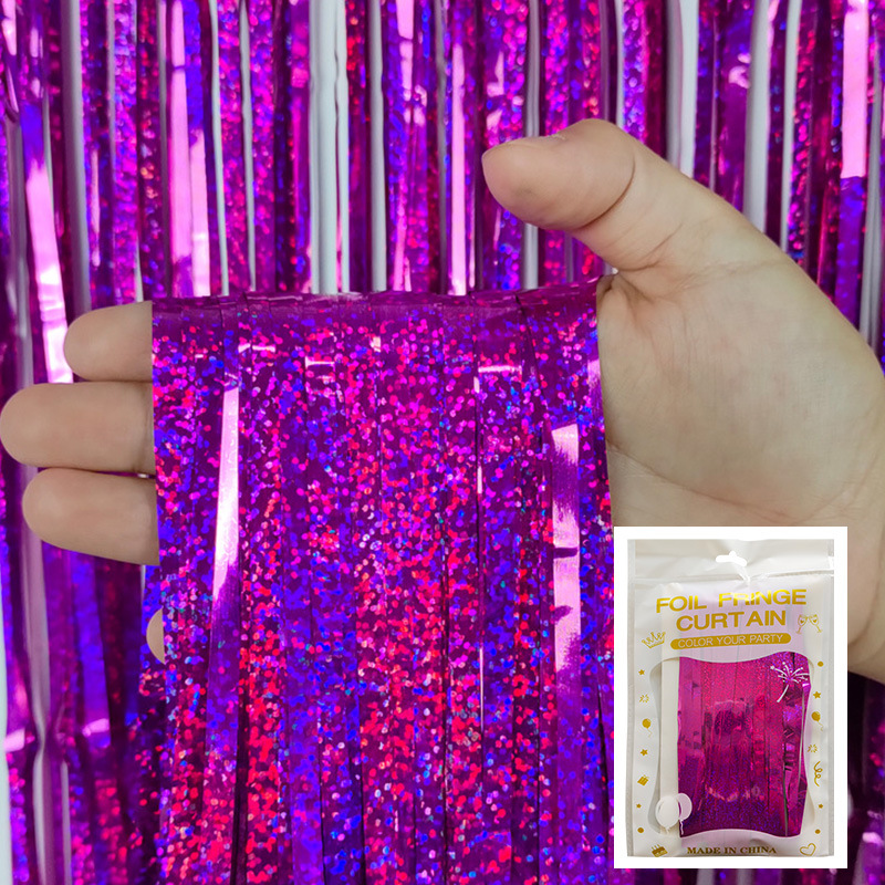 Cortina de lluvia de colores de alto brillo transfronteriza decoración de fiesta de cumpleaños cortina de lluvia láser de macaron brillante de 1*2 m