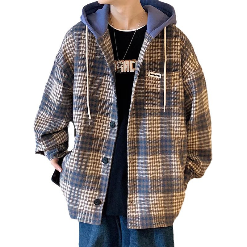 Otoño e invierno nuevo estilo estilo de Hong Kong chaqueta con capucha a cuadros informal suelta, chaqueta de todo fósforo para hombres, vestido de lana de moda