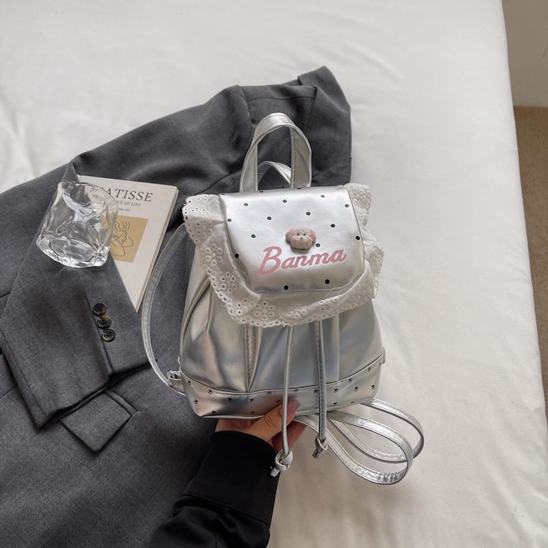 Coreano ins caricatura perrito mochila mujer diseño pliegue de encaje mochila de estudiantes lindas mochila