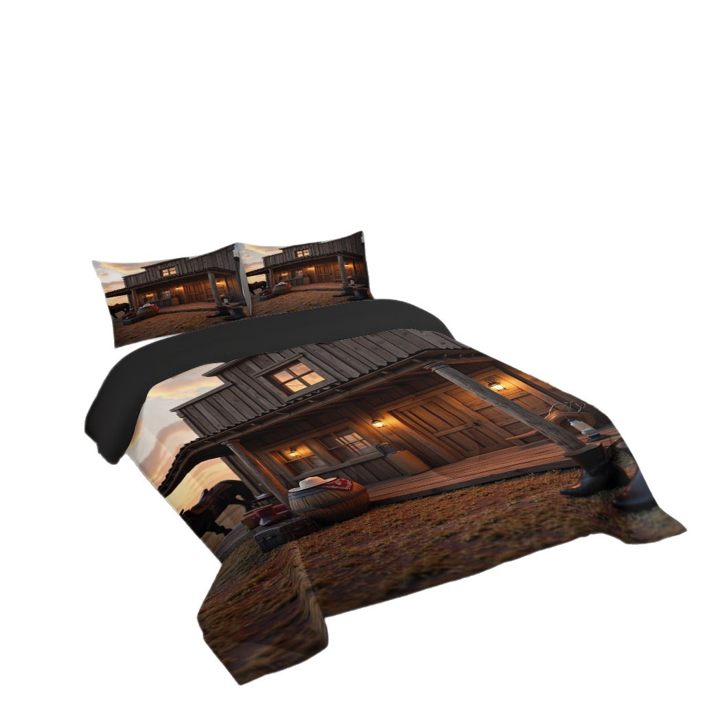 TEMU / JIT transfronterizo cálida casa de madera 3D impresión digital 180gms colcha colcha almohada conjunto de dibujo se puede ajustar