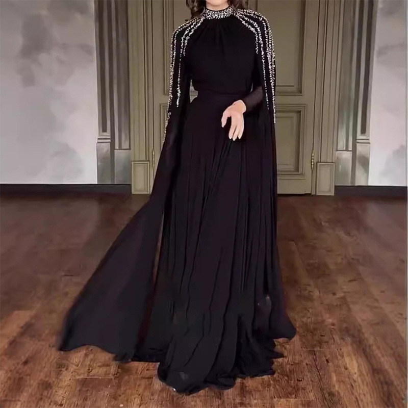 2026 Cross-Border Women's Fashion Sexy and Stylish Stand-Collar Long Dress with Pleats and Beading, Floor-Length Holiday Style Dress 2026 Cross-Border Women's Fashion Sexy and Stylish Stand-Collar Long Dress with Pleats and Beading, Floor-Length Holiday Style Dress