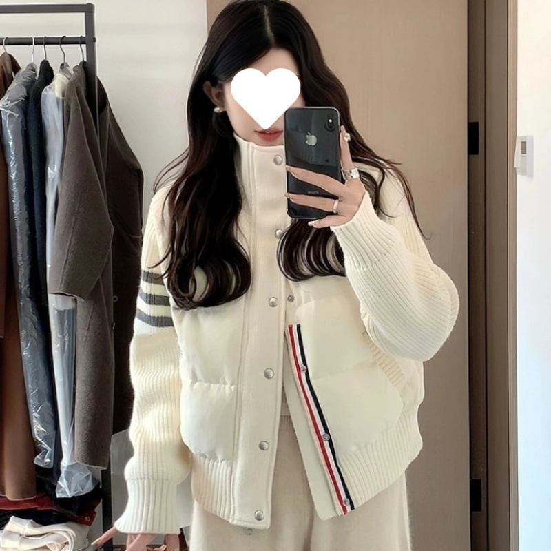 Korean Style White Duck down Women's Short Knitted Splicing Small Jacket Autumn and Winter New Style Light White Duck down Stand Collar