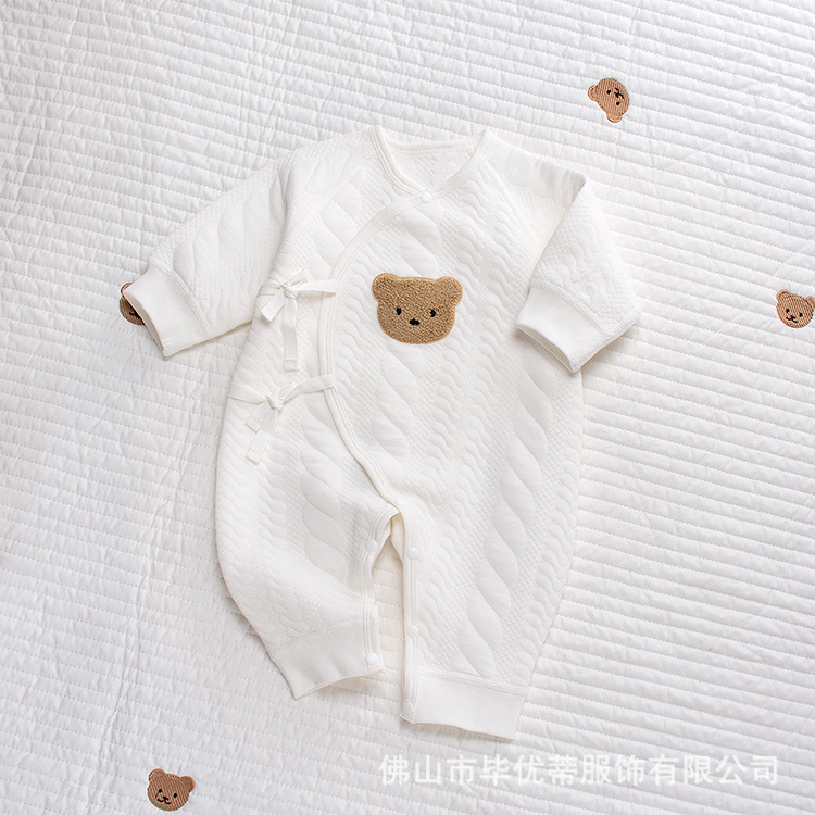 新款寶寶秋冬空氣棉和尚服新生兒薄夾棉保暖系帶哈衣打底連體衣