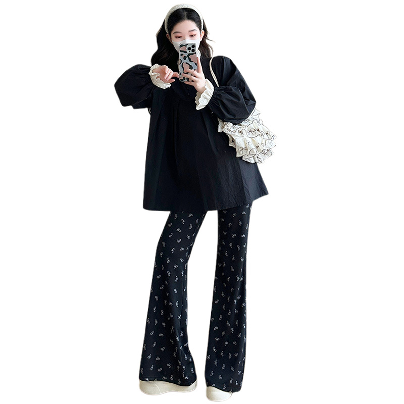 임산부 정장 초봄 신상 원목 귀 가장자리 스티칭 플리츠 긴팔 셔츠 + 프린트 플레어 팬츠 투피스 정장