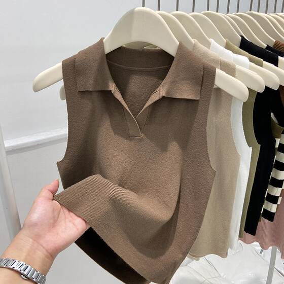 Solid Color Polo Neck Knitted Vest Women's Inner 2025 Spring and Summer New All-match Short Slim-fit Sleeveless Top