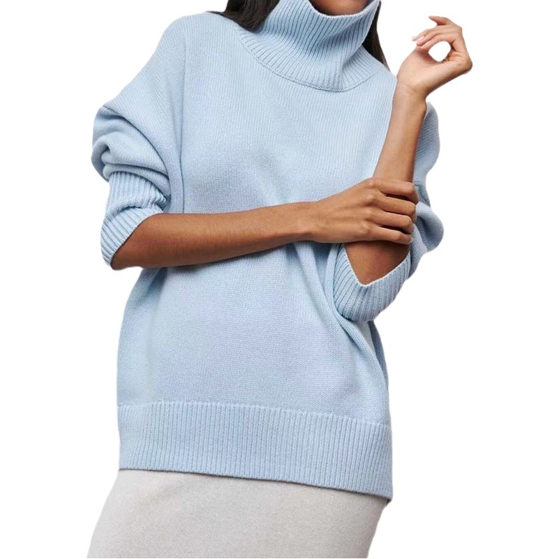 Otoño e invierno nueva moda de manga larga suéter ligero cómodo cuello redondo suéter de punto de color sólido para las mujeres