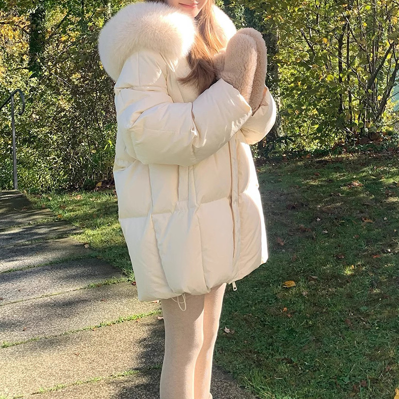 Moscow's Winter Three-Star 90 White Duck down Fox Fur Collar Mid-Length Warm Pink down Jacket for Women