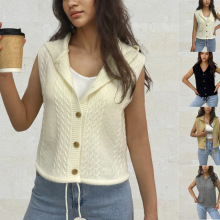 外贸欧美无袖针织新款跨境麻花辫连帽马甲开衫亚马逊女装背心毛衣