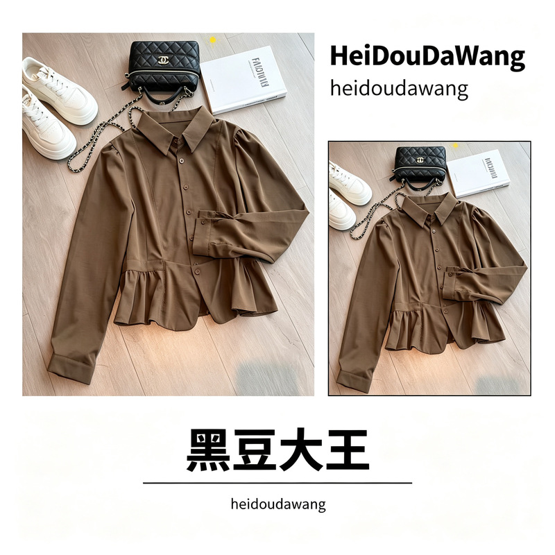 Korean-style design lapel long-sleeve shirt for women, 2026 spring new slim-fit ruffle pleated jacket, trendy Korean-style design lapel long-sleeve shirt for women, 2026 spring new slim-fit ruffle pleated jacket, trendy