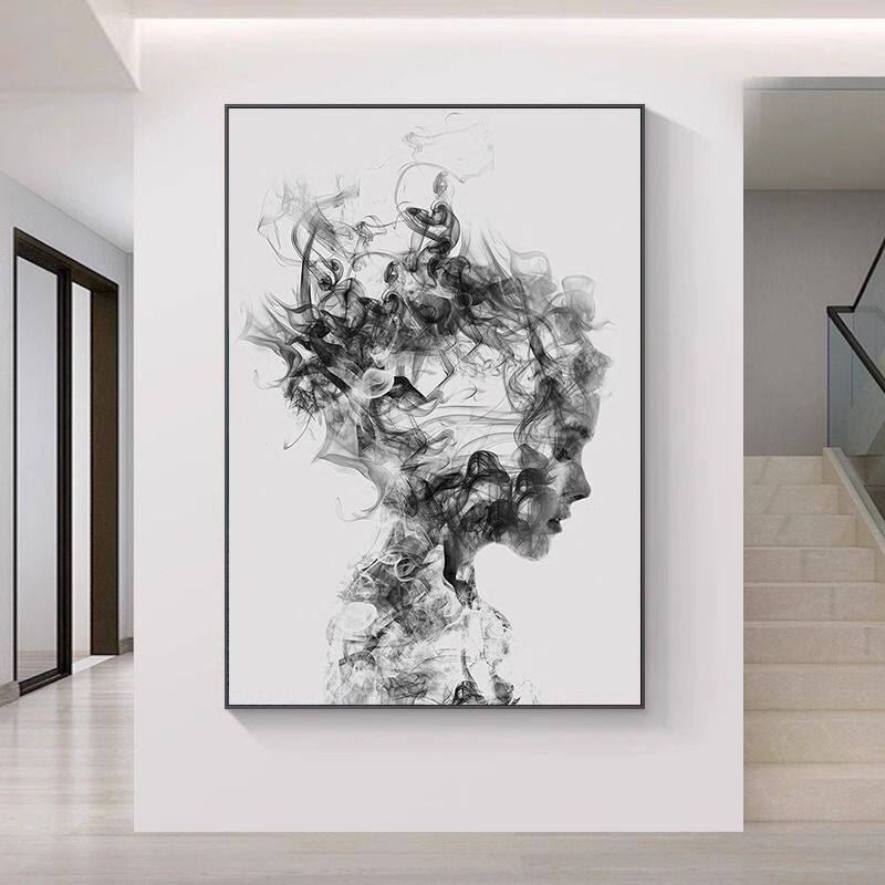 Black, white, and gray creative art wall painting for hair salons, abstract figure wall mural for the entrance, decorative painting for hair salons Black, white, and gray creative art wall painting for hair salons, abstract figure wall mural for the entrance, decorative painting for hair salons