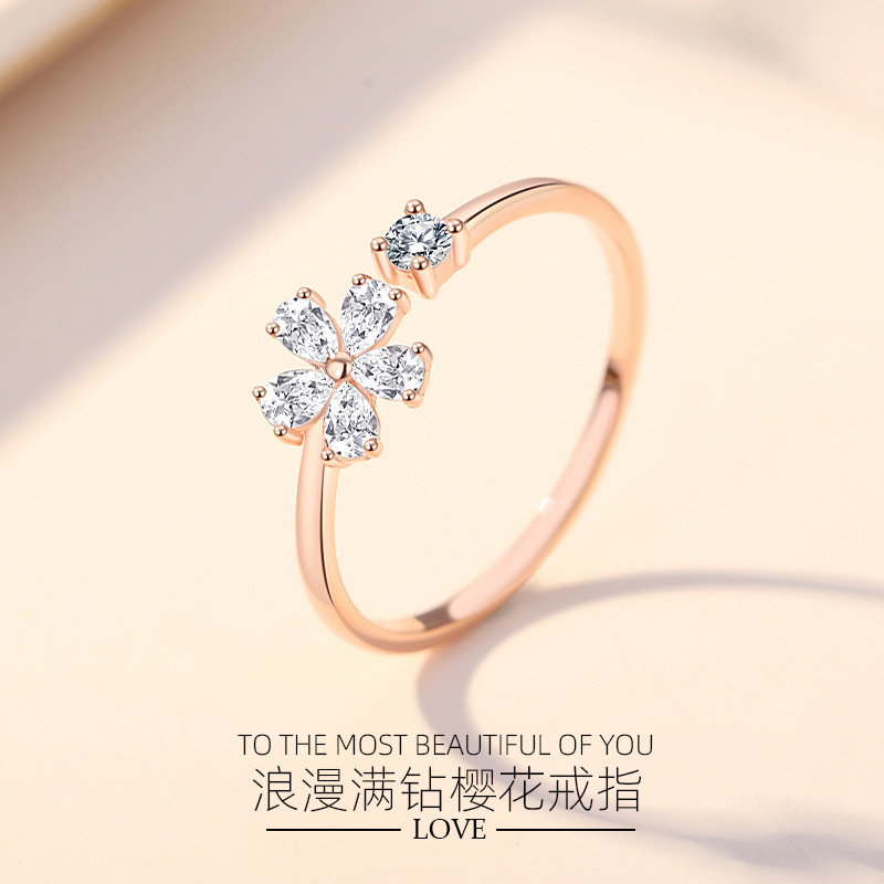 Estilo japonés y Coreano fresco 925 moda de plata llena de Diamantes flor de cerezo anillo de la flor nicho diseño floral anillo femenino al por mayor
