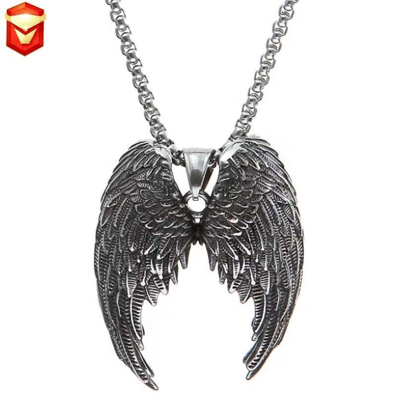 Cross-Border Export Jewelry Wholesale Wings Feather Men's Titanium Steel Pendant Necklace Personalized Retro Angel Wings