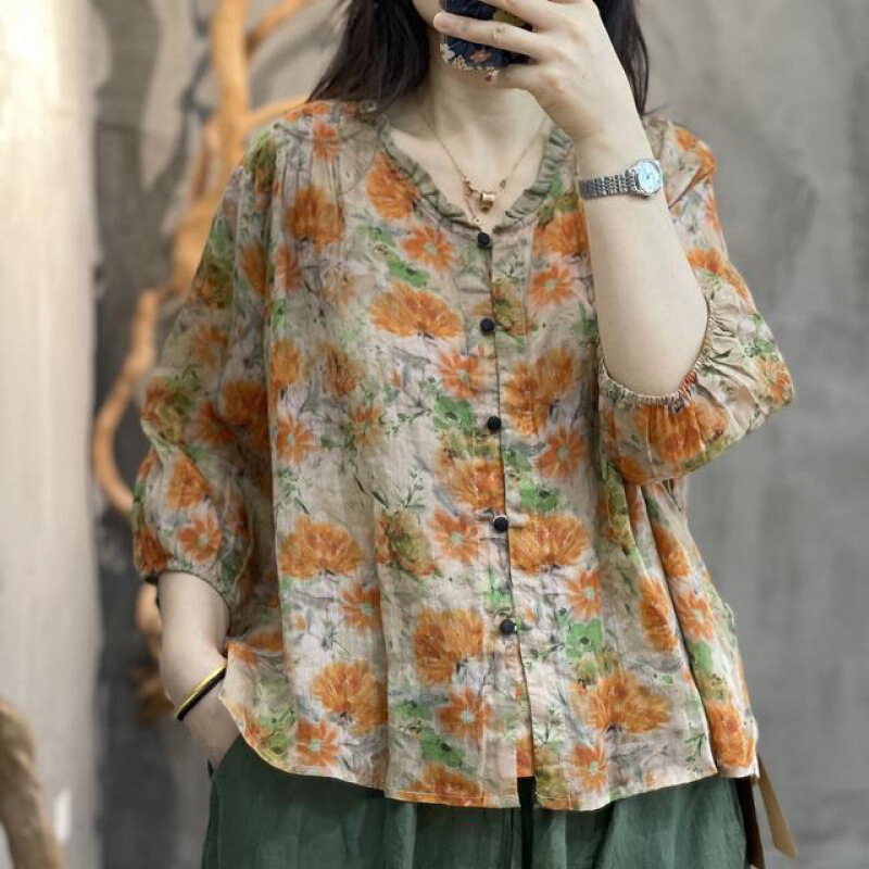 Summer Women's Wear Cotton Linen Shirt with Wood-ear Edge Casual V-neck Top Women's Shirt Lightweight Breathable Loose Printed T-shirt for Women