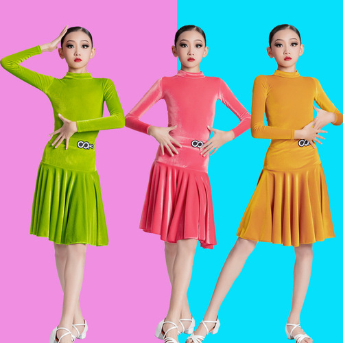 Pink green orange Latin ballroom dance dresses children kids girls salsa chacha Latin dance skirt game rules competition ballroom dancing uniforms