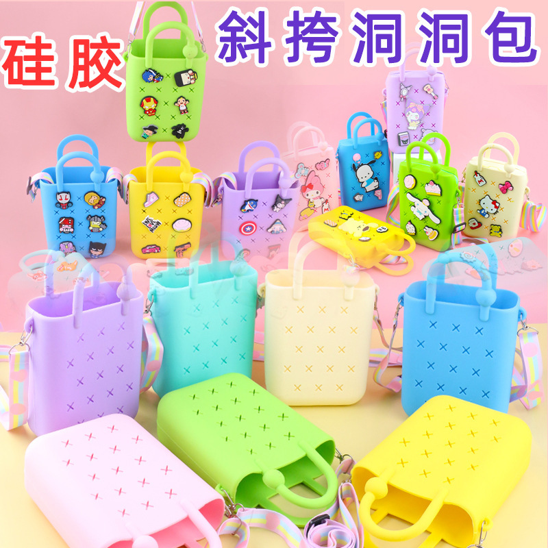 DIY Hole Silicone Bag Satchel Beach Bag Zipper Kidsren's Shoulder Crossbody Bag Wallet Cartoon Mobile Phone Storage for Women