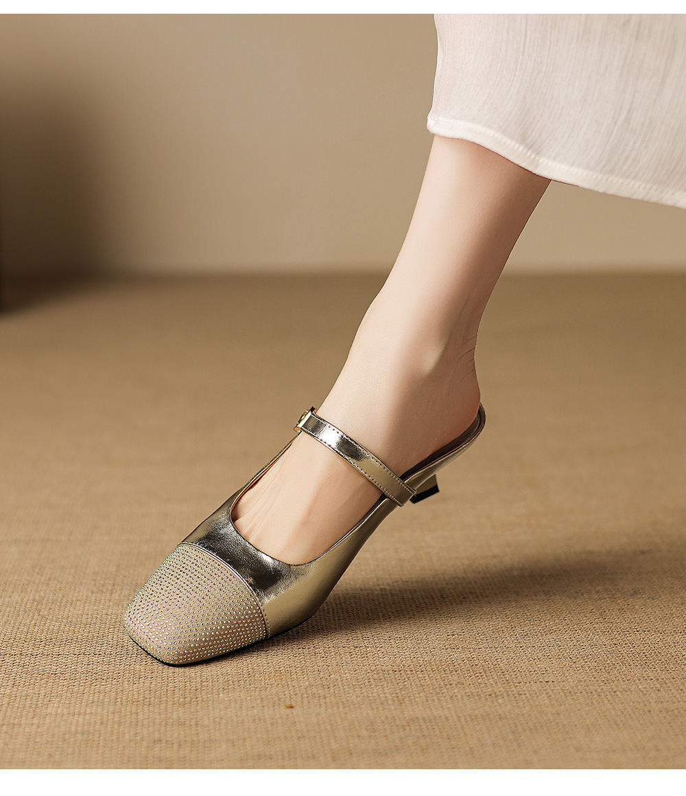 Sandal nữ mũi vuông bít mũi hở gót, gót 5 cm, phong cách tiểu hương — màu vàng chi tiết 11
