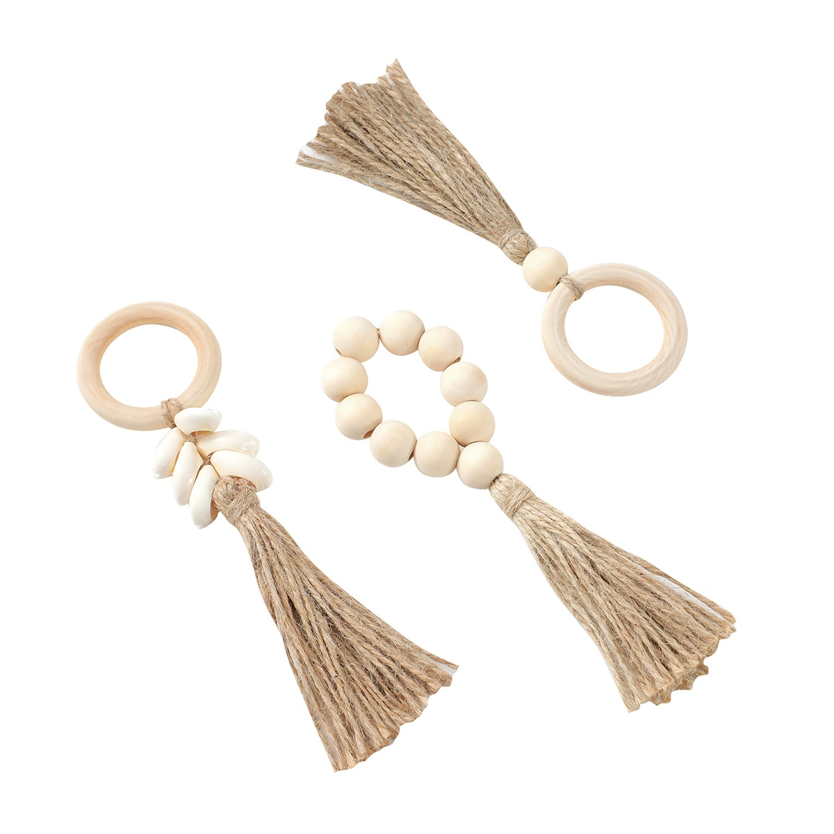 Популярные кольца для салфеток из конопляной веревки в стиле кросс-бордер, с деревянными бусинами цвета дерева, кисточкой и ручной вязкой.