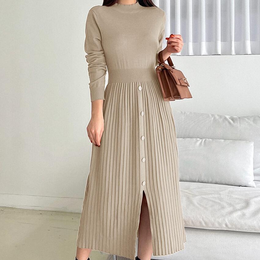 French Style Knitted Midi Dress Elegant Split Design Round Neck Long Sleeve Comfortable Fabric Casual Wear